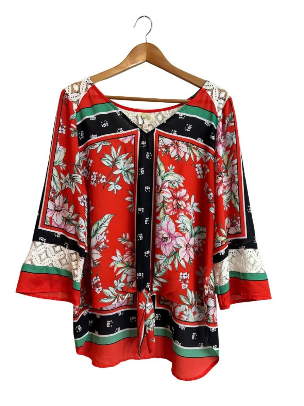Fig & Flower Boho Floral Tie Front Blouse XL Lace Kimono Sleeve Blouse